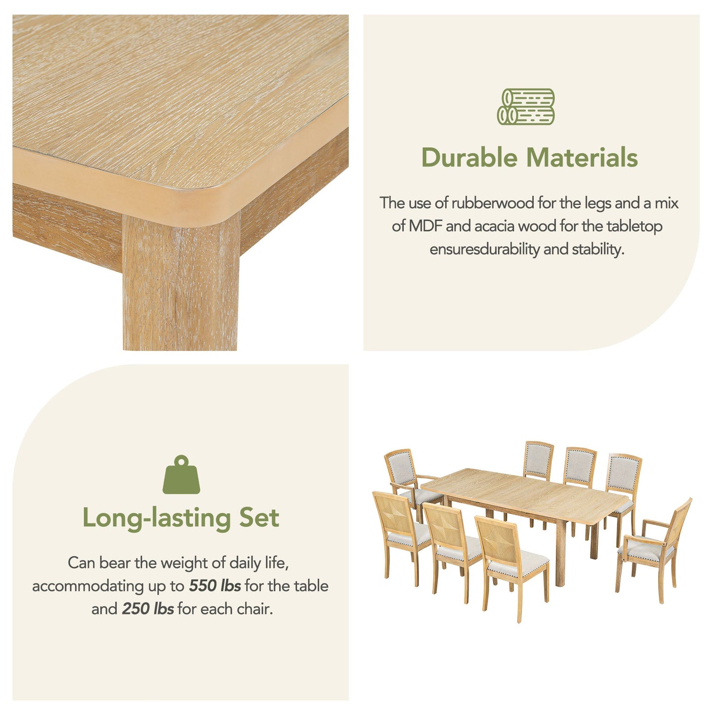 TOPMAX expandable 84 inch dining table set with 24 inch detachable leaves, 6 armless chairs and 2 armchairs  9 pieces natural - Korvel