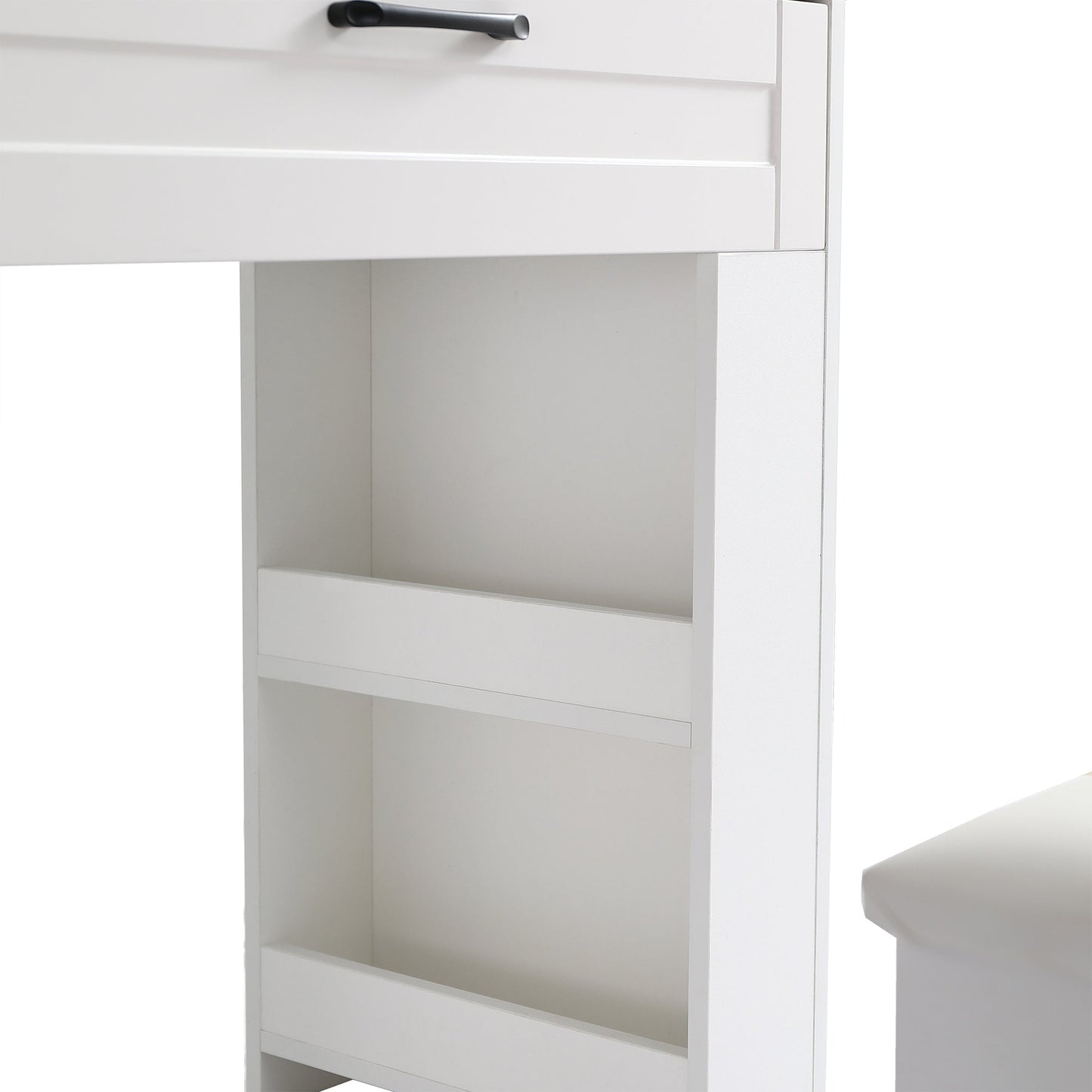Vanity table with large sliding lighted mirror dressing table with 2 drawers storage shelves and upholstered stool white color - Korvel