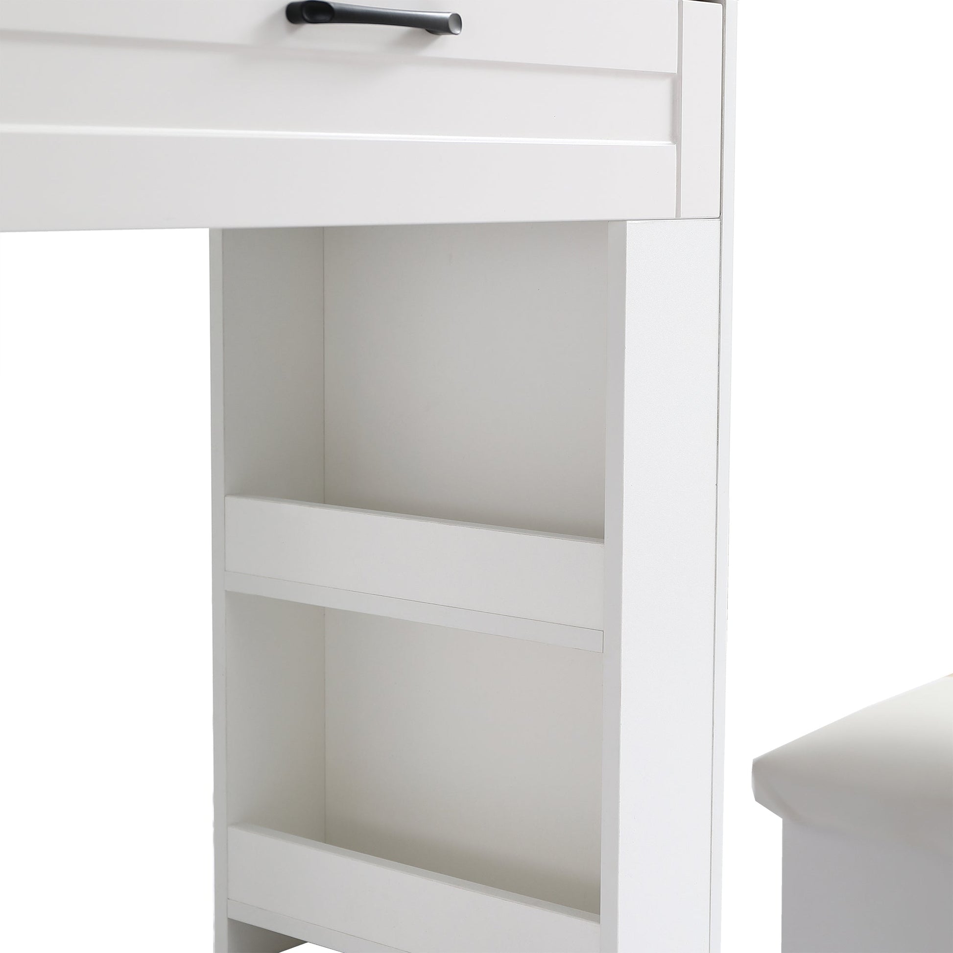 Vanity table with large sliding lighted mirror dressing table with 2 drawers storage shelves and upholstered stool white color - Korvel