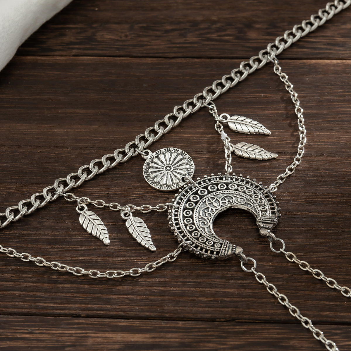 Bohemian metal chain jewelry arm chain punk retro dream catcher net leaf tassel open arm bracelet - Korvel