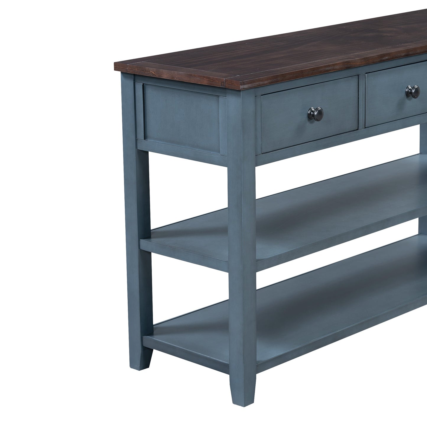Retro Design Console Table with Two Open Shelves, Pine Solid Wood Frame and Legs for Living Room (Antique Navy+Espresso) - Korvel