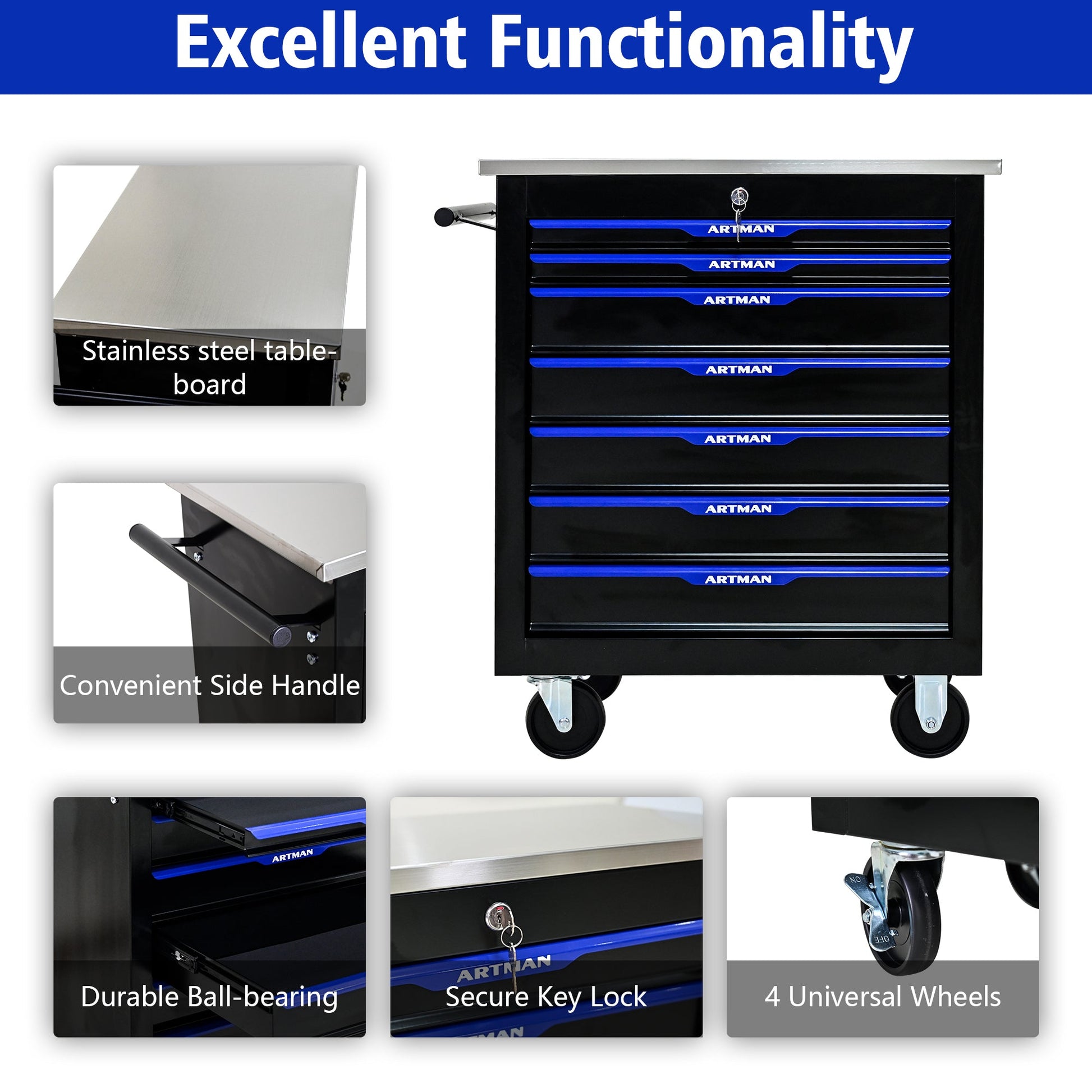 7 DRAWERS MULTIFUNCTIONAL TOOL CART WITH WHEELS-BLACK+BLUE - Korvel