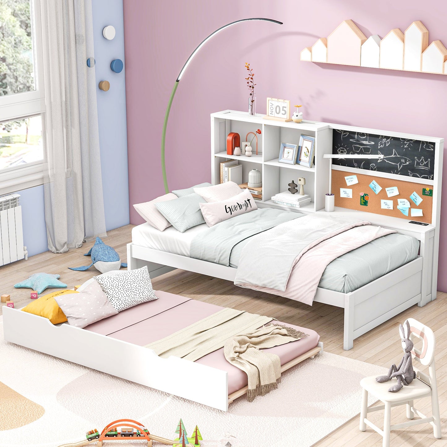 Cama nido elegante de tamaño twin con almacenamiento y cama extraíble - Blanca