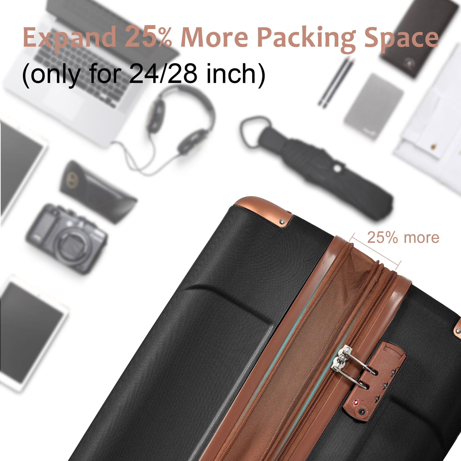 Hardshell Luggage Spinner Suitcase with TSA Lock Lightweight Expandable 24'' (Single Luggage) Black Brown + ABS + 24 Inch - Korvel