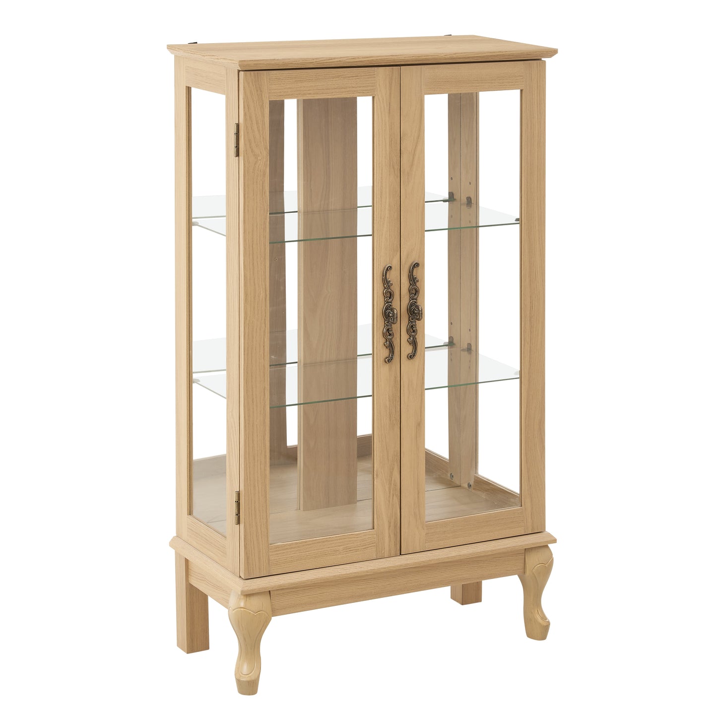 Dual door Curio cabinet with tempered glass doors, mirrored back panel and adjustable shelves, home lighting display cabinet Oak - Korvel