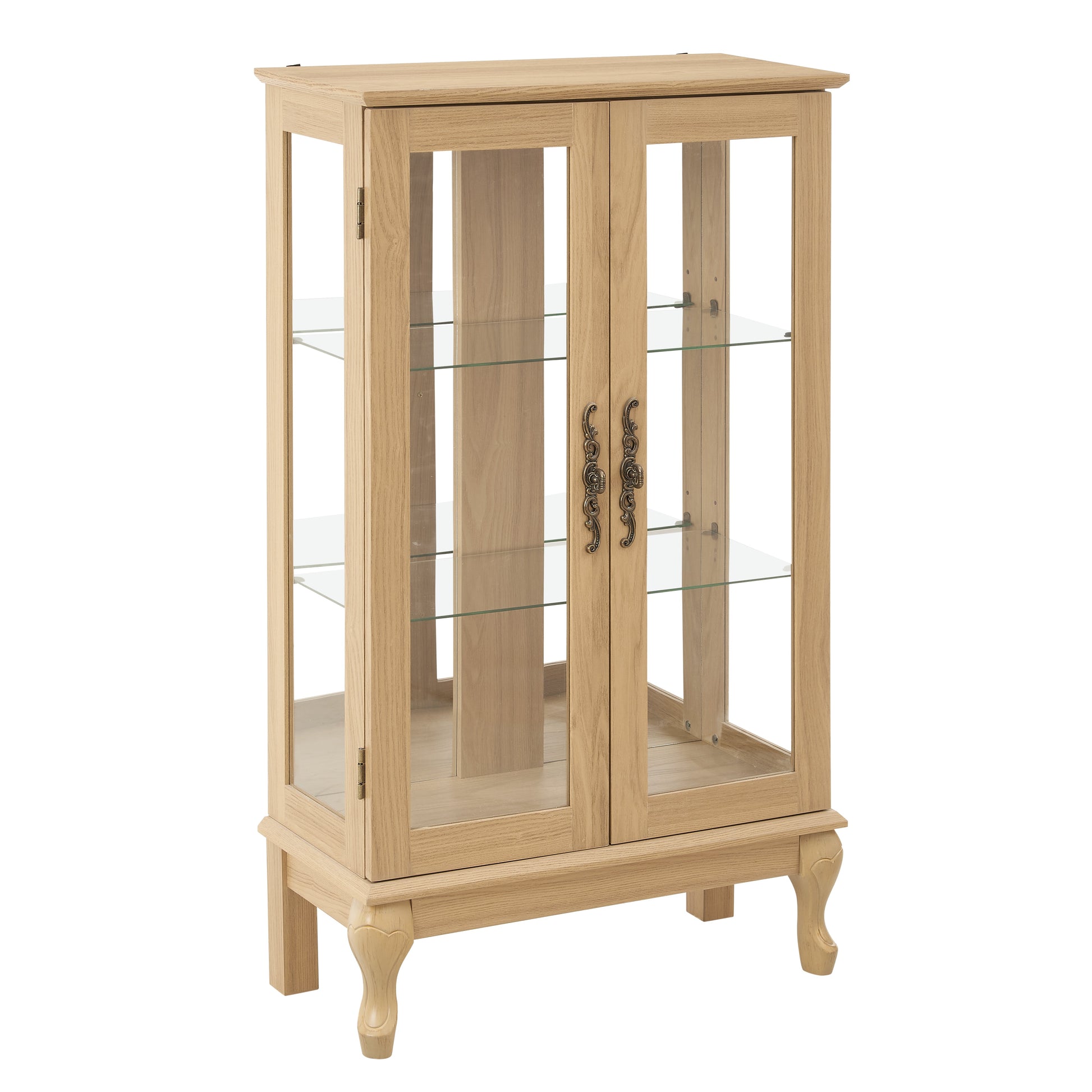 Dual door Curio cabinet with tempered glass doors, mirrored back panel and adjustable shelves, home lighting display cabinet Oak - Korvel