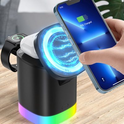 3 In 1 Magnetic Wireless Fast Charger For Smart Phone RGB Ambient Light Charging Station For Airpods IWatch - Korvel