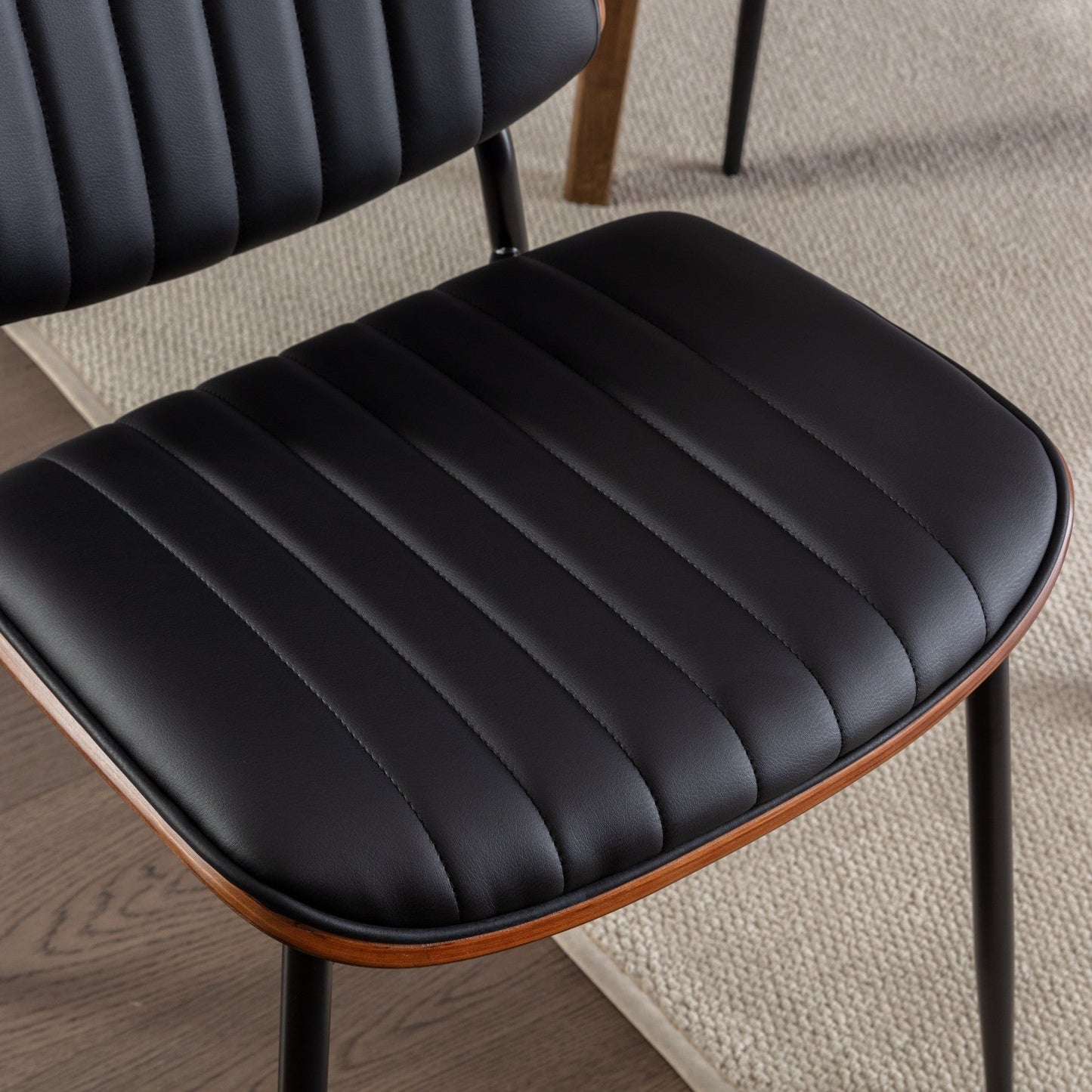 2-piece retro linen chair set with curved wooden backrest, cushioned seat, adjustable metal legs, (Black PU) - Korvel