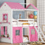 Elegant Twin Size Bunk Wood House Bed in Pink and White