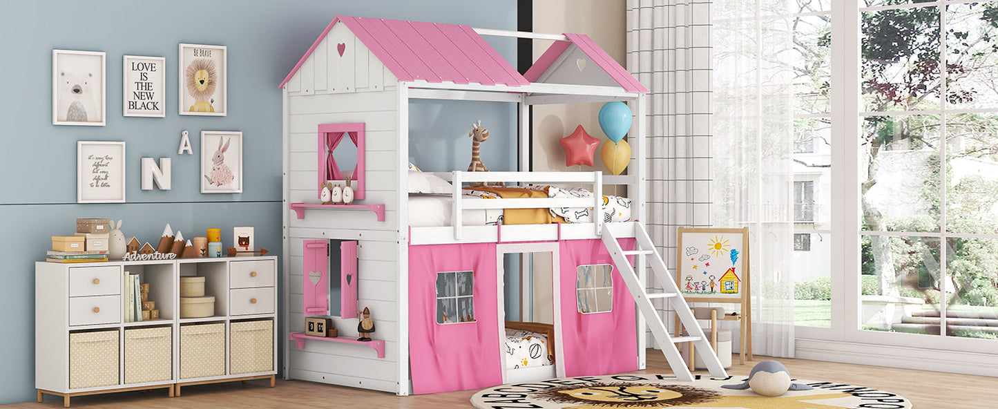 Elegant Twin Size Bunk Wood House Bed in Pink and White