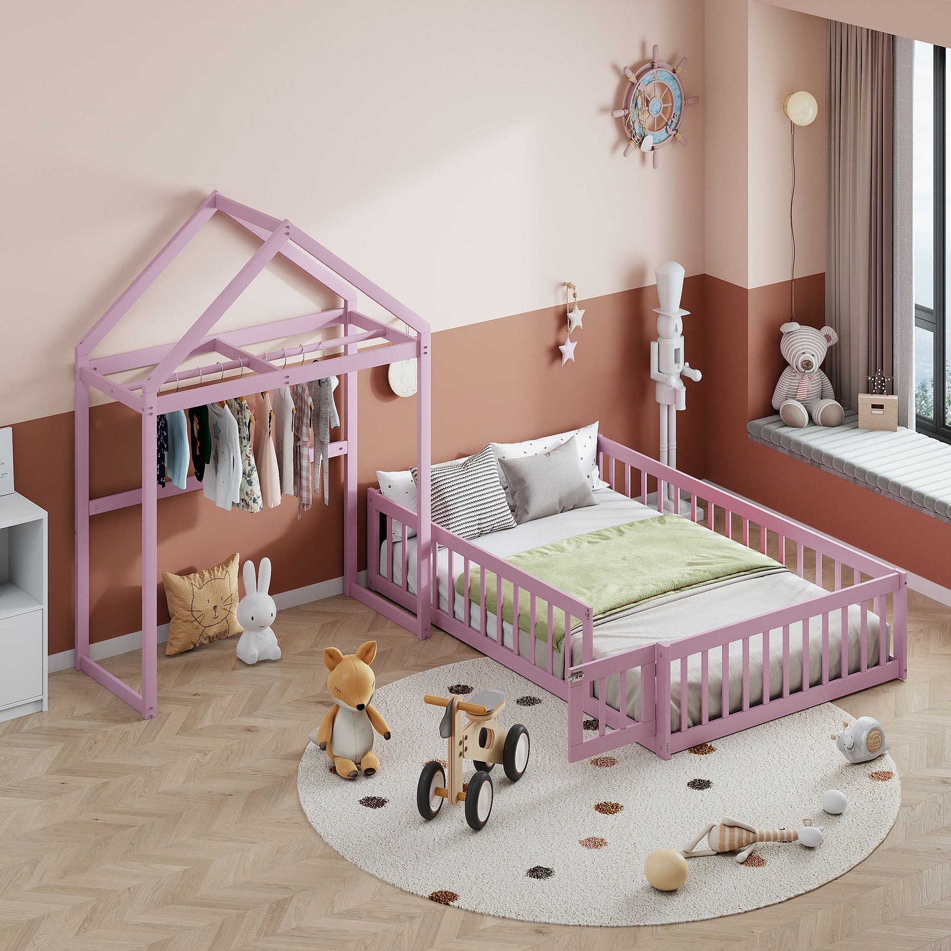 Wooden Full Size Children's Bed with Detachable Headboard and Integrated Clothes Drying Rack, Pink - Korvel
