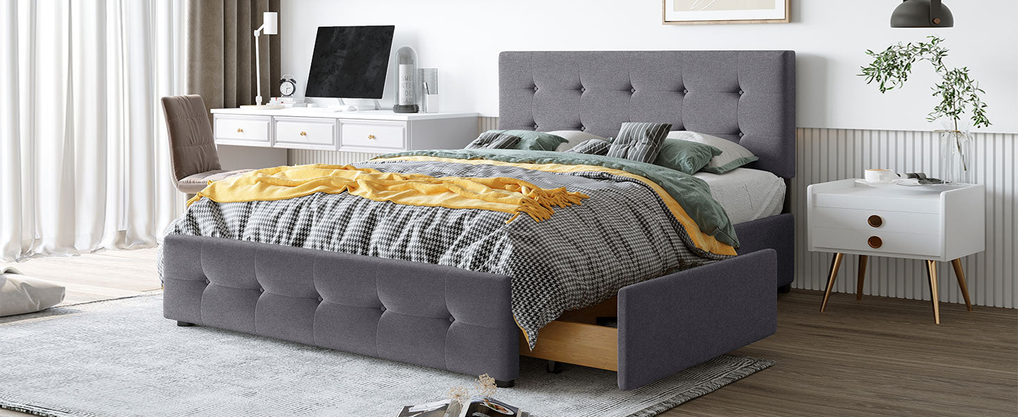 Upholstered Platform Bed with Classic Headboard and 4 Drawers No Box Spring Needed Linen Fabric Queen Size Dark gray - Korvel