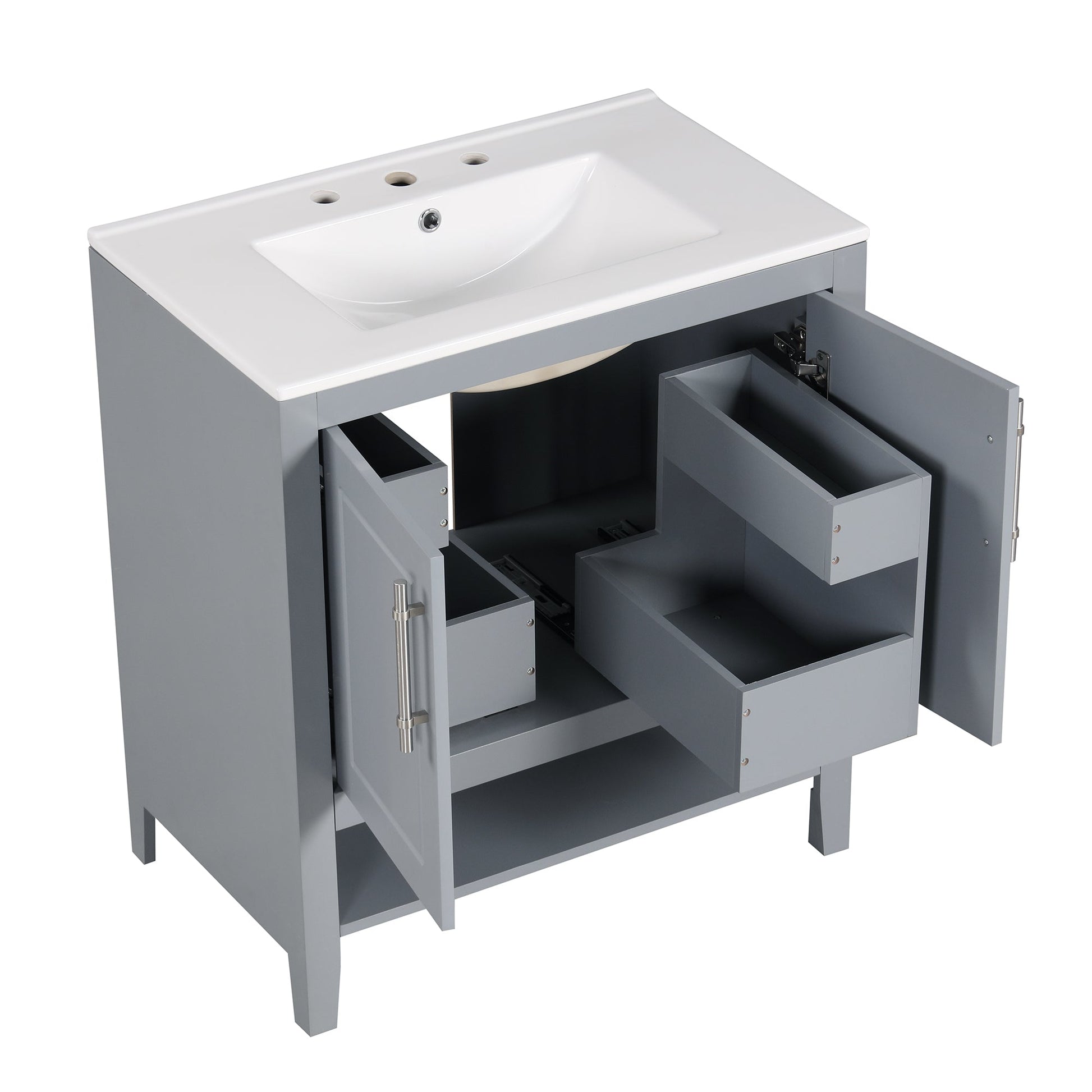 30" Bathroom Vanity with Sink, Multi-functional Bathroom Cabinet with Doors and Drawers, Solid Frame and MDF Board, Grey - Korvel