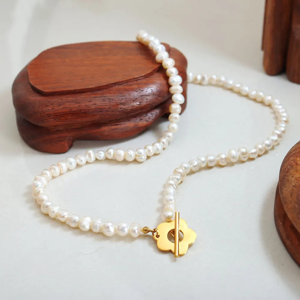 Titanium Steel Pearl Flower Necklace - Korvel