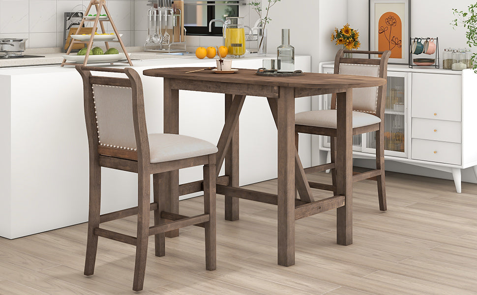 TOPMAX 3-Piece Wood Counter Height Drop Leaf Dining Table Set with 2 Upholstered Dining Chairs for Small Place, Brown - Korvel