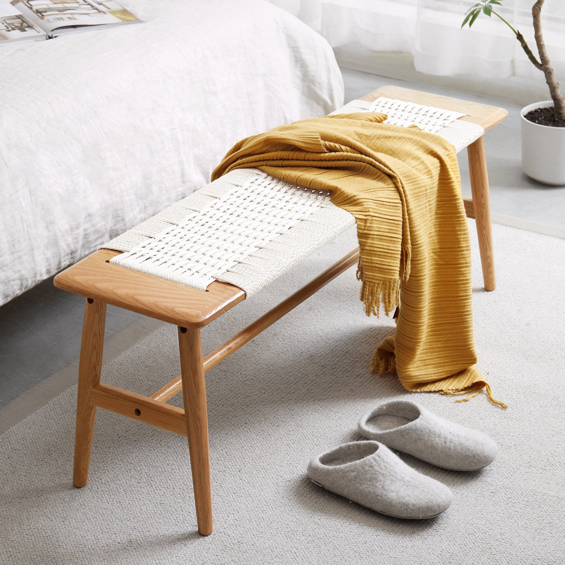 Design Natural Oak Wood Dining Bench Bed Bench for Dining Room, Bedroom, Bathroom (White) - Korvel