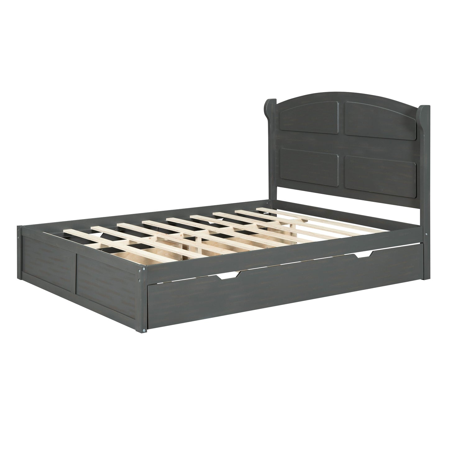 Wood Queen Size Platform Bed with Twin Size Trundle and 2 Drawers  Antique Gray - Korvel