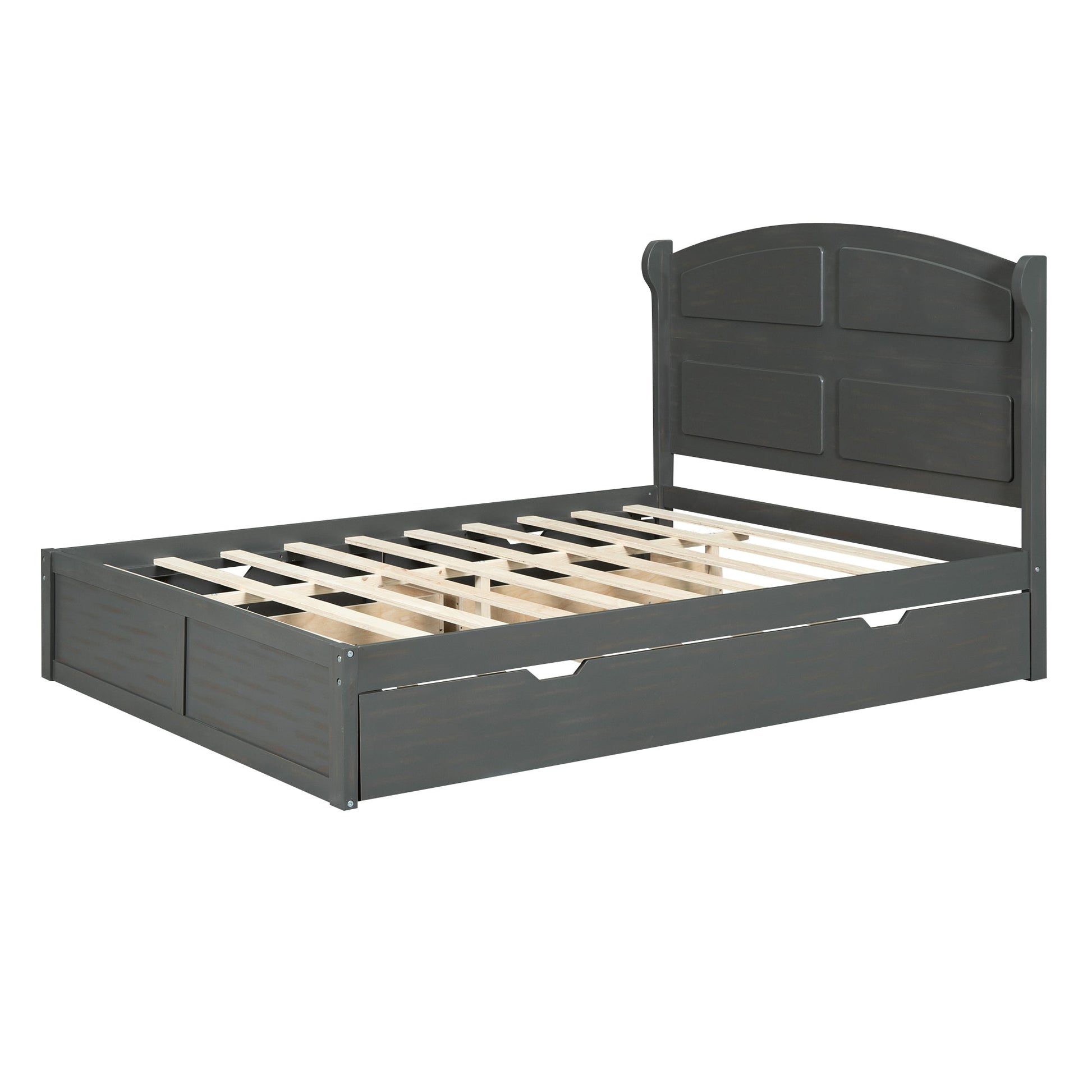 Wood Queen Size Platform Bed with Twin Size Trundle and 2 Drawers  Antique Gray - Korvel