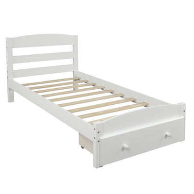 Elegant Platform Twin Bed Frame with Storage Drawer - White