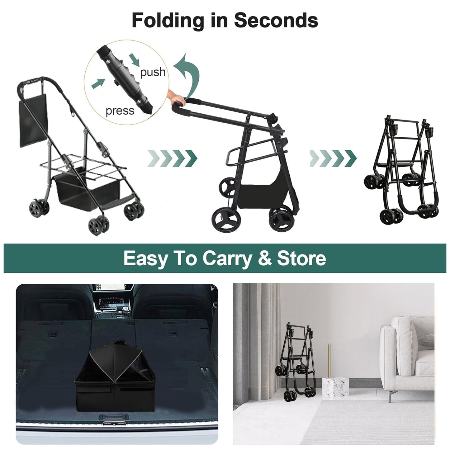Poussette pour chien 2-en-1 pliable avec transporteur amovible