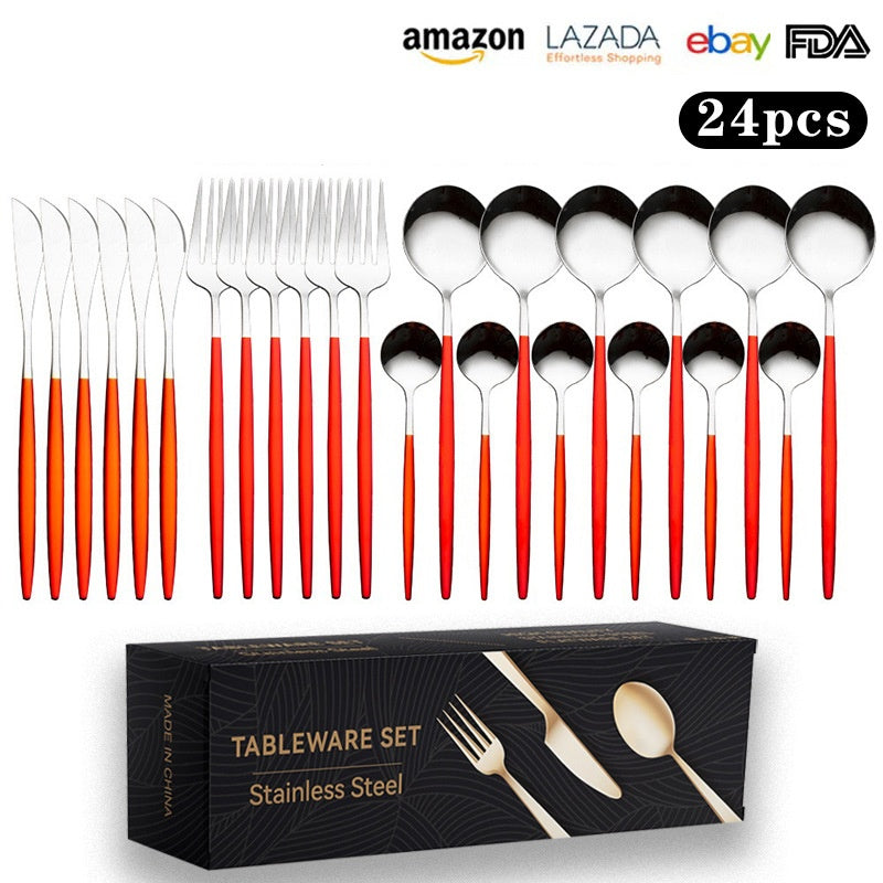 Cutlery Set Stainless Steel Knife Fork Set 24-Piece Tableware Set Golden Steak Knife Fork Spoon 6-Person Set - Korvel