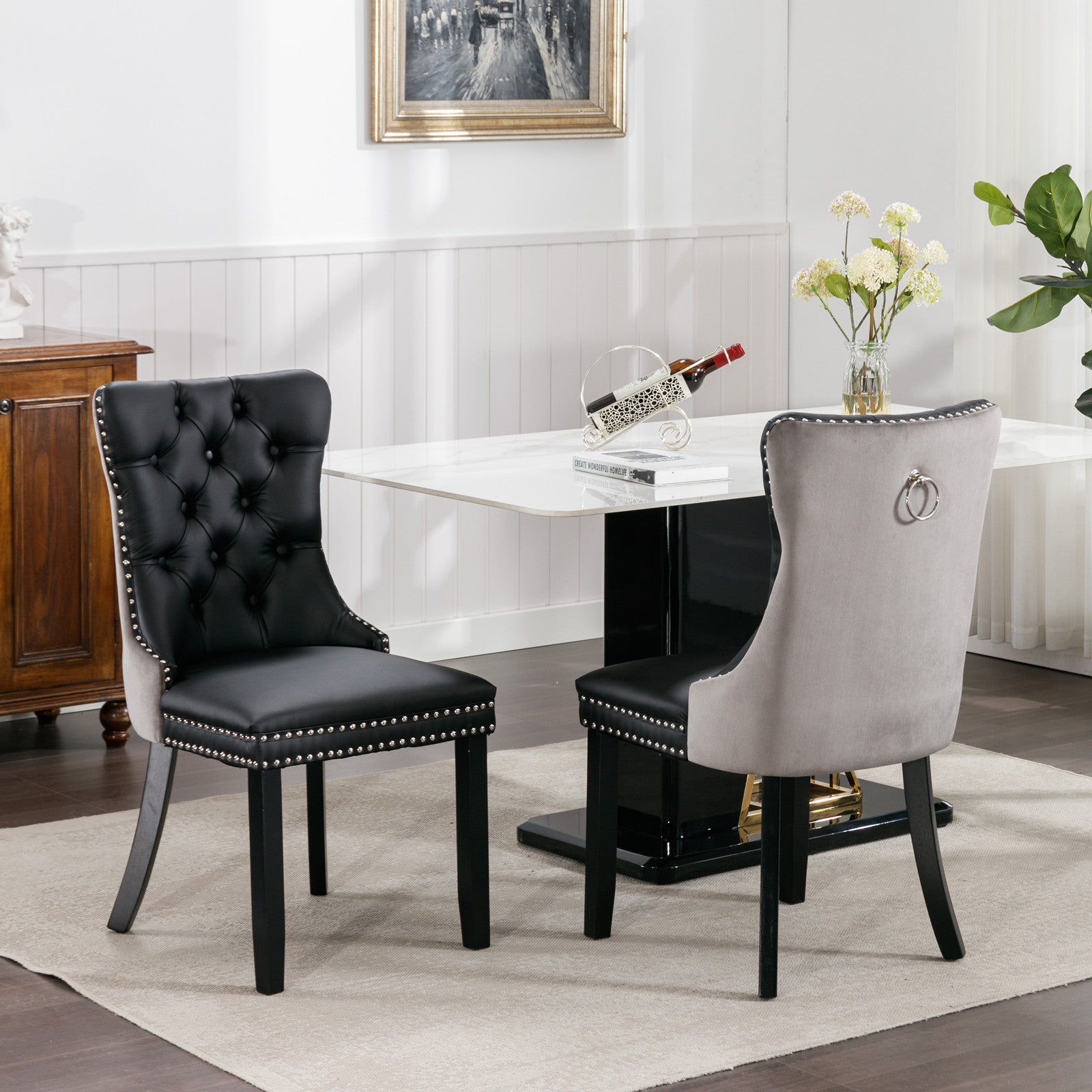 Tufted Solid Wood Contemporary PU and Velvet Upholstered Dining Chair with Wood Legs Nailhead Trim 2-Pcs Set Black+Gray - Korvel