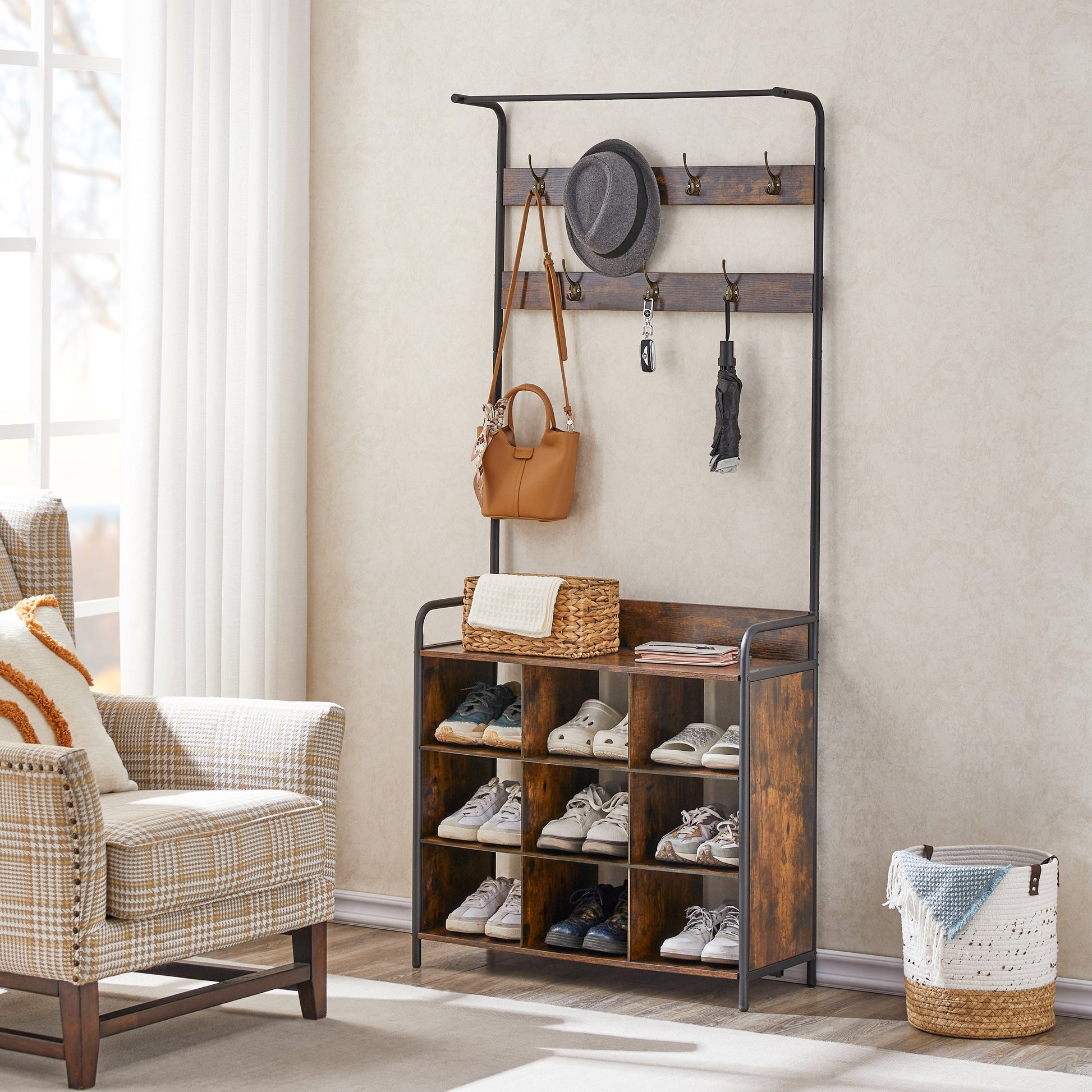 Coat Rack, Hall Tree with Shoe Rack for Entryway, 3-in-1 Entryway Coat Rack and Storage Rack, with 7 Hooks, a Hanging Rod - Korvel