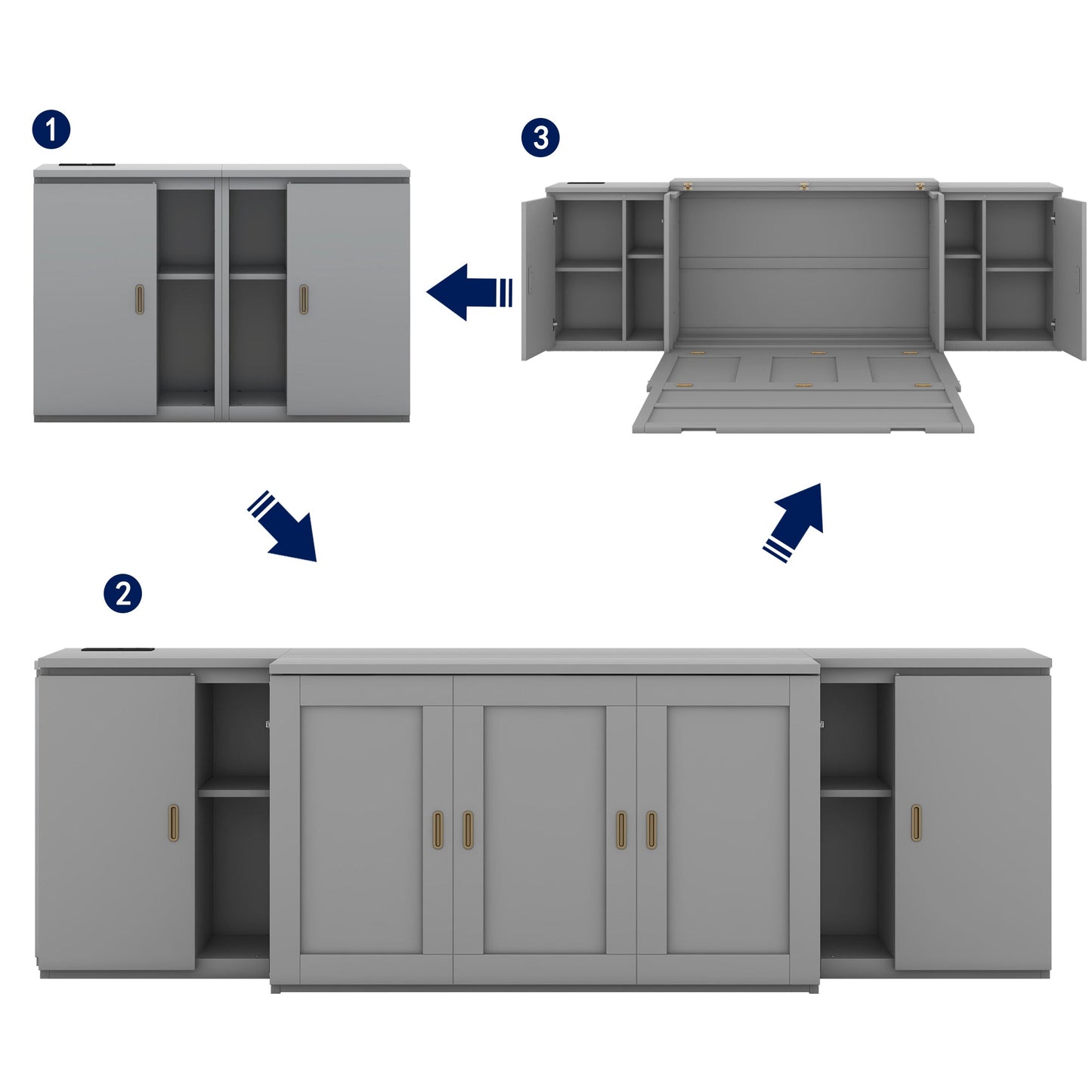 Full Size Murphy Bed with Shelves and USB Ports - Gray