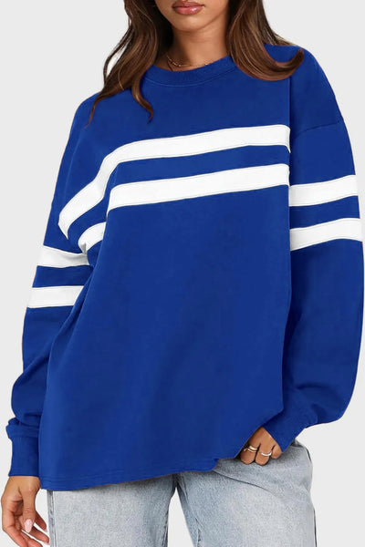 Lovelet Striped Round Neck Dropped Shoulder Sweatshirt - Korvel