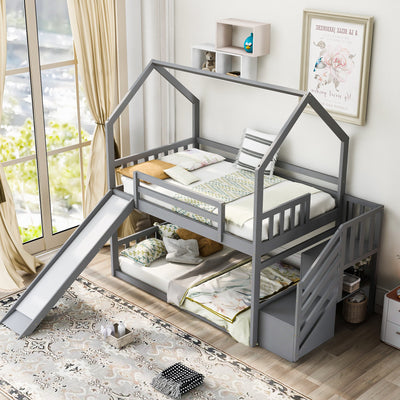 Twin over Twin House Bunk Bed with Slide and Storage Staircase - Gray