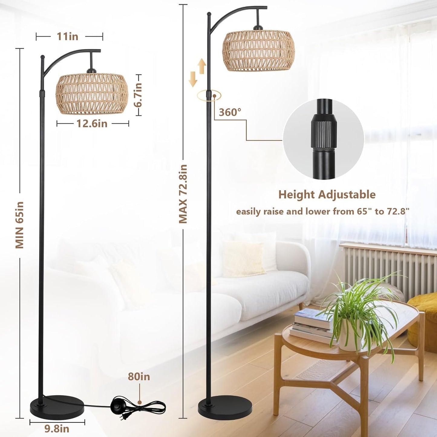 Arc Floor Lamp with Remote Control, Dimmable LED Floor Lamp with 3 Color Temperature Boho Farmhouse Tall Pole Lamp - Korvel