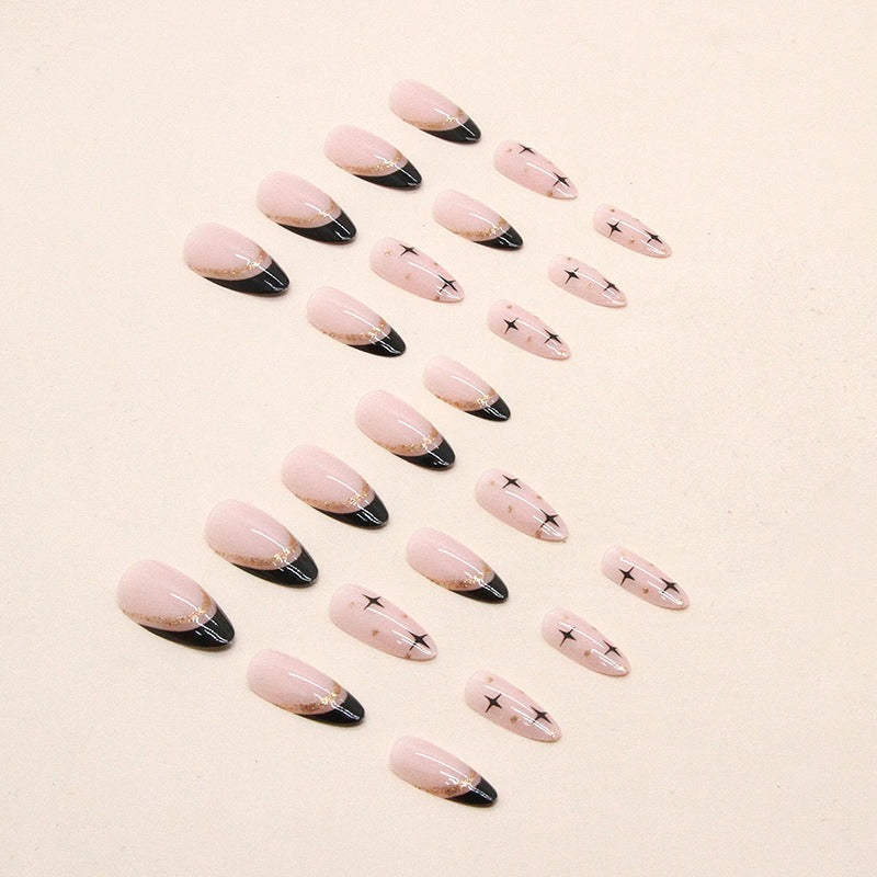 Sweet cool black French flash gold powder almond nails European and American fake nails removable nail pieces - Korvel