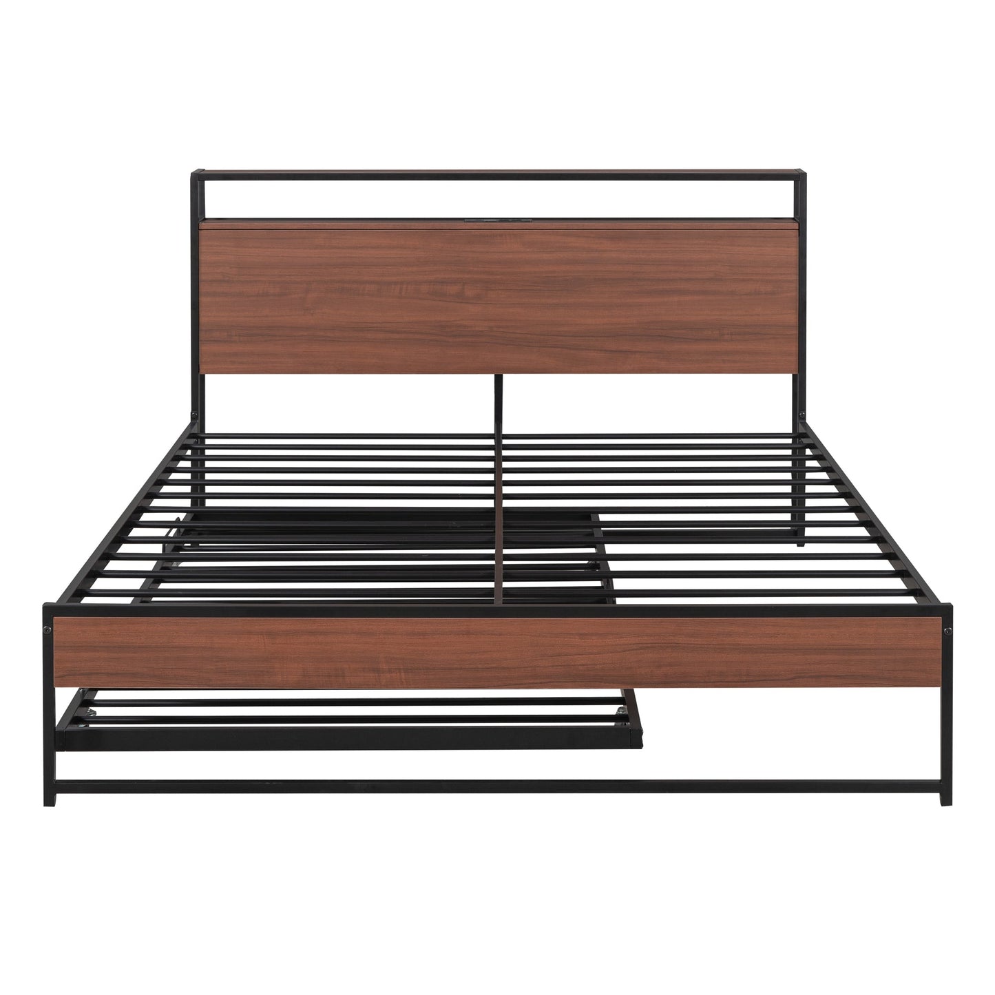 Cama de Plataforma de Metal Tamaño Queen con Trundle y Puertos USB - Negro