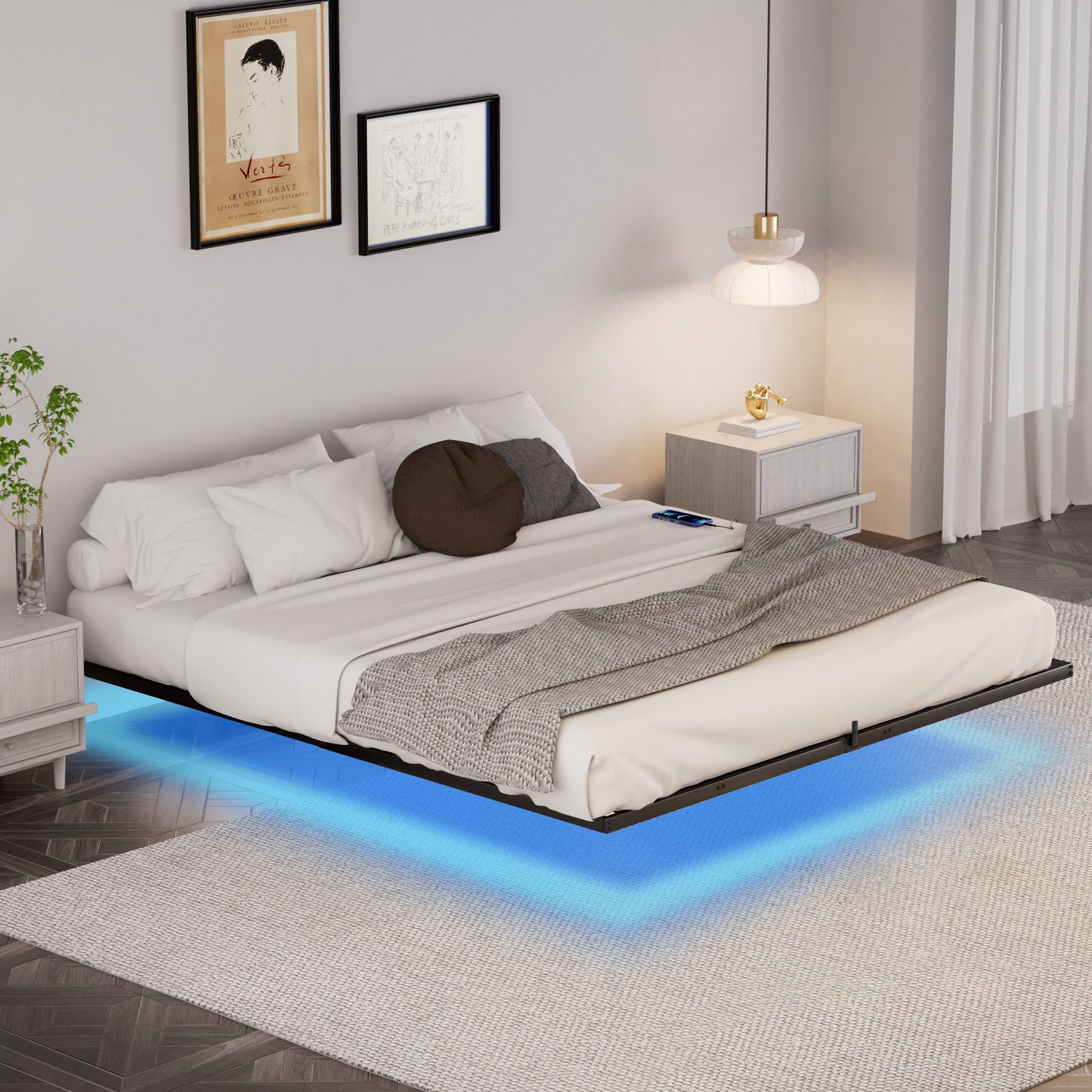 Floating Bed Frame King Size with LED Lights ＆ charging station, Metal Platform Queen Bed, 79.9'' L x 76.2'' W x 7.9'' H. - Korvel