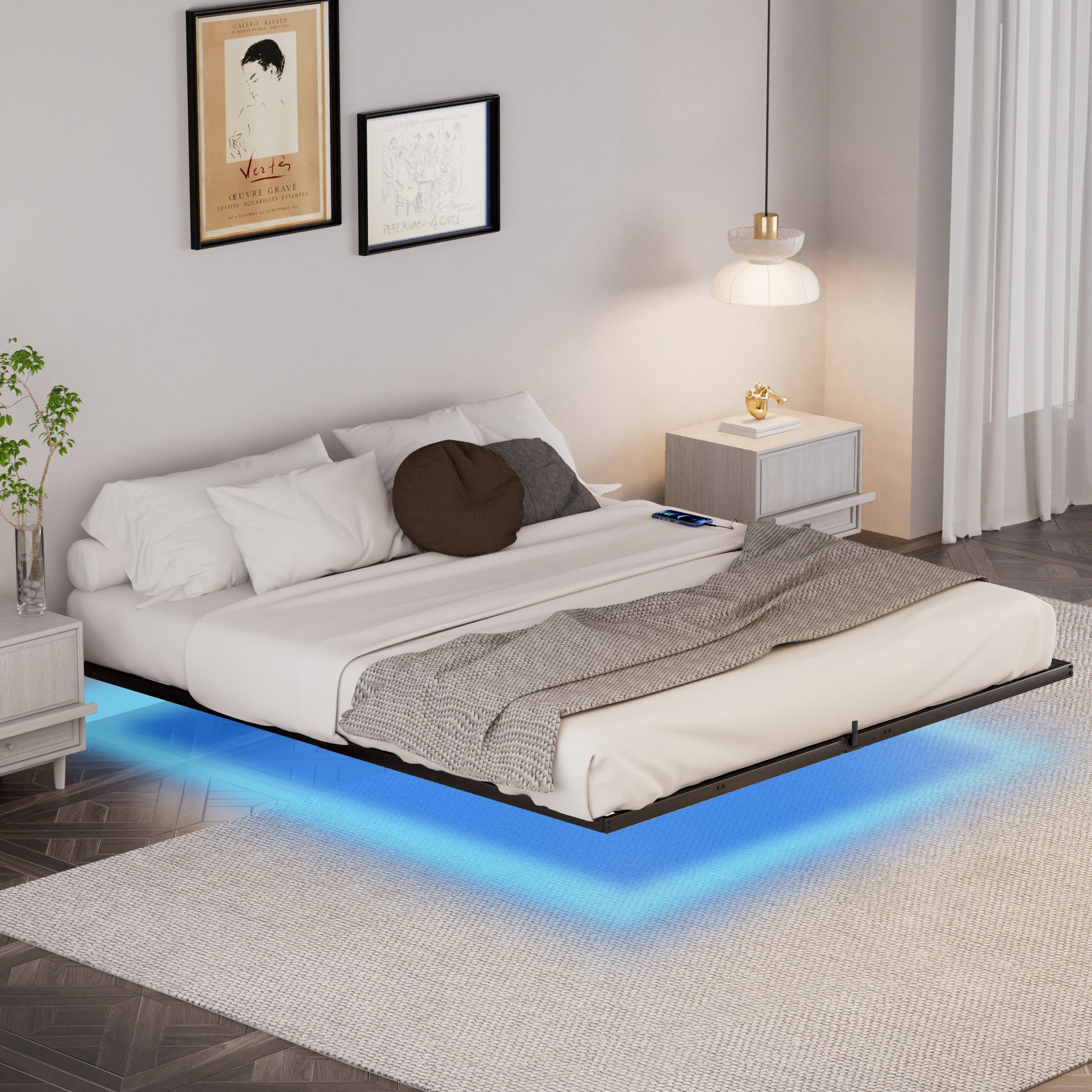 Floating Bed Frame King Size with LED Lights ＆ charging station, Metal Platform Queen Bed, 79.9'' L x 76.2'' W x 7.9'' H. - Korvel