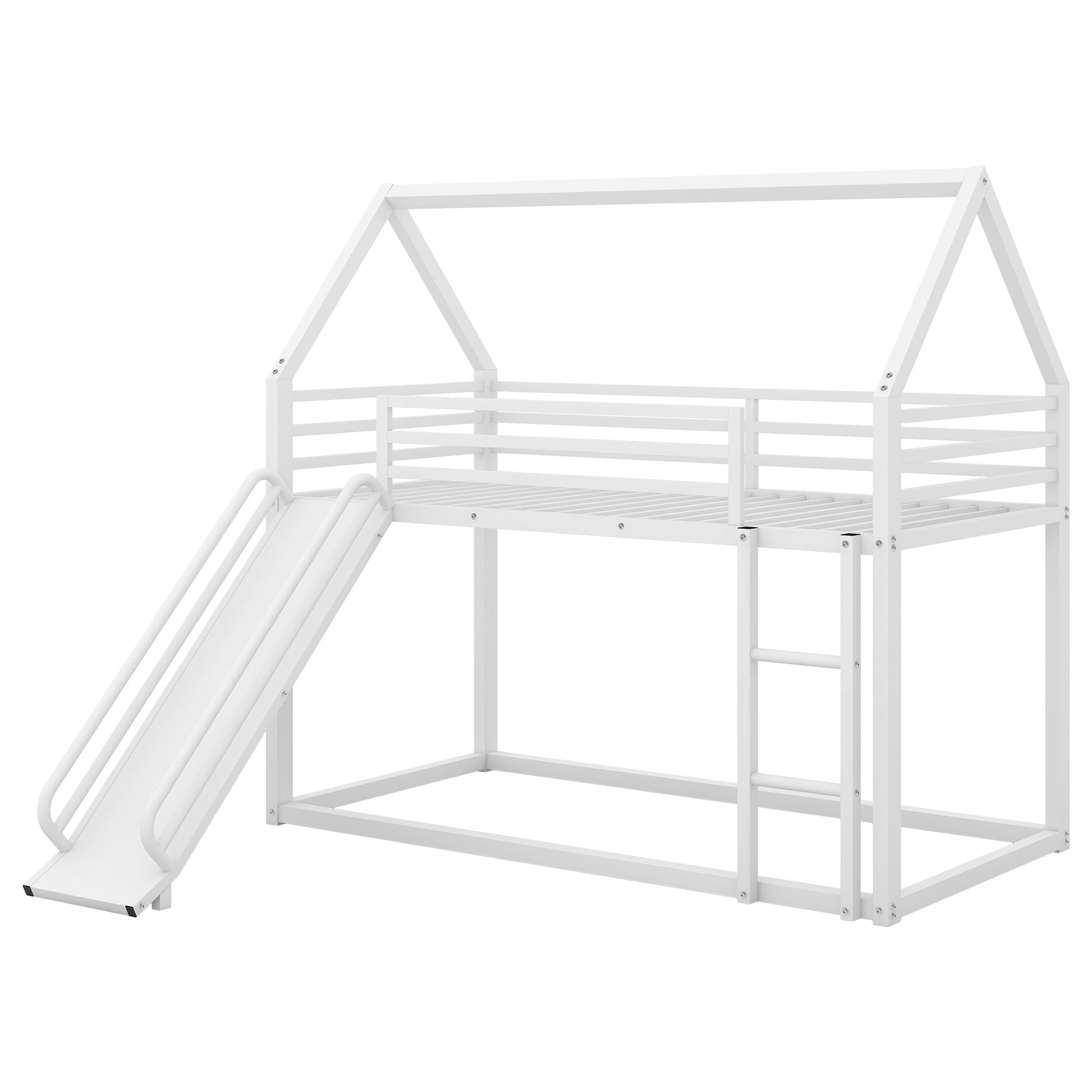 Twin over Twin House Bunk Bed with Ladder and Slide,White - Korvel