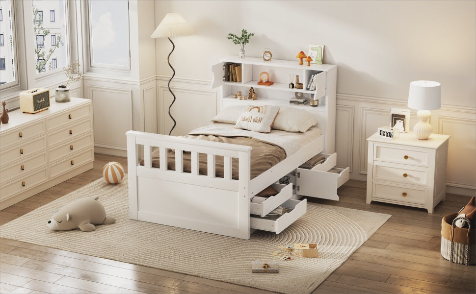 Cama plataforma tamaño twin Captain con almacenamiento en blanco