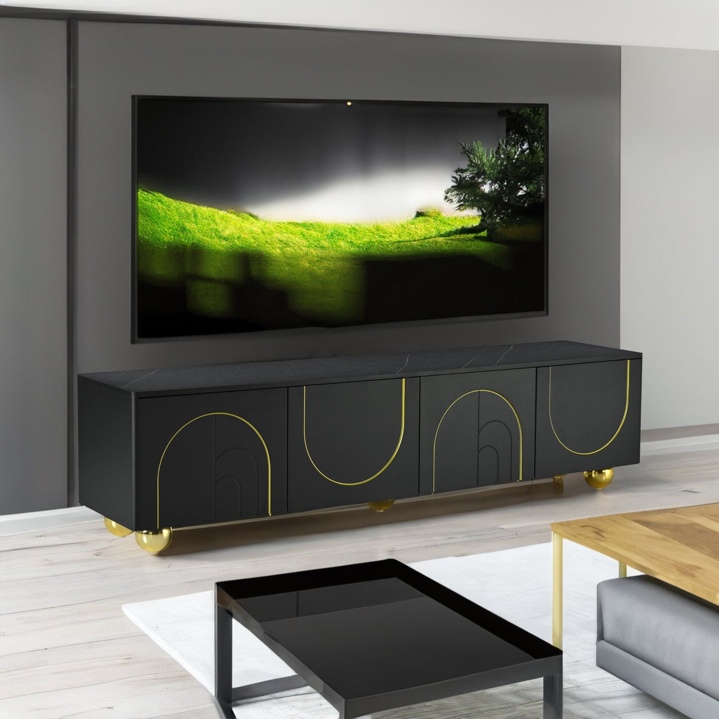 U-Can modern TV stand is suitable for TVs under 75 inches and comes with a storage cabinet top marble pattern and circular stand - Korvel