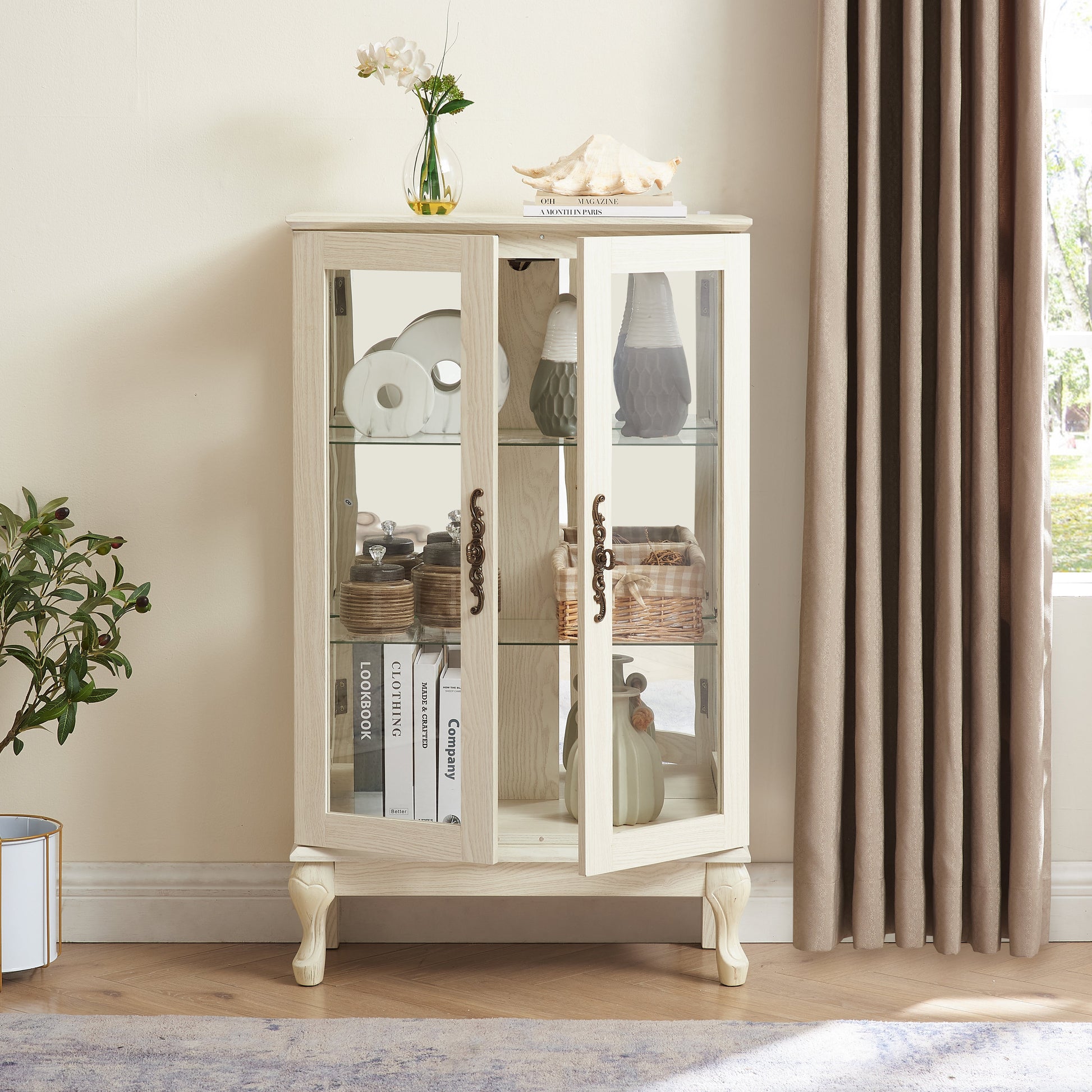 Dual door Curio cabinet with tempered glass door mirror back panel and adjustable shelf display cabinet with light bulbs, white - Korvel