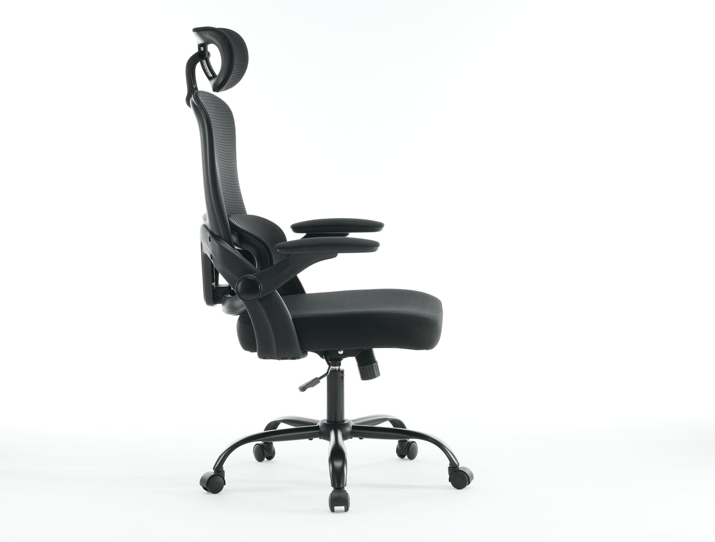 High backrest mesh office chair with 3D armrests, rotating computer task chair with adjustable 2D headrest, tilt function black - Korvel