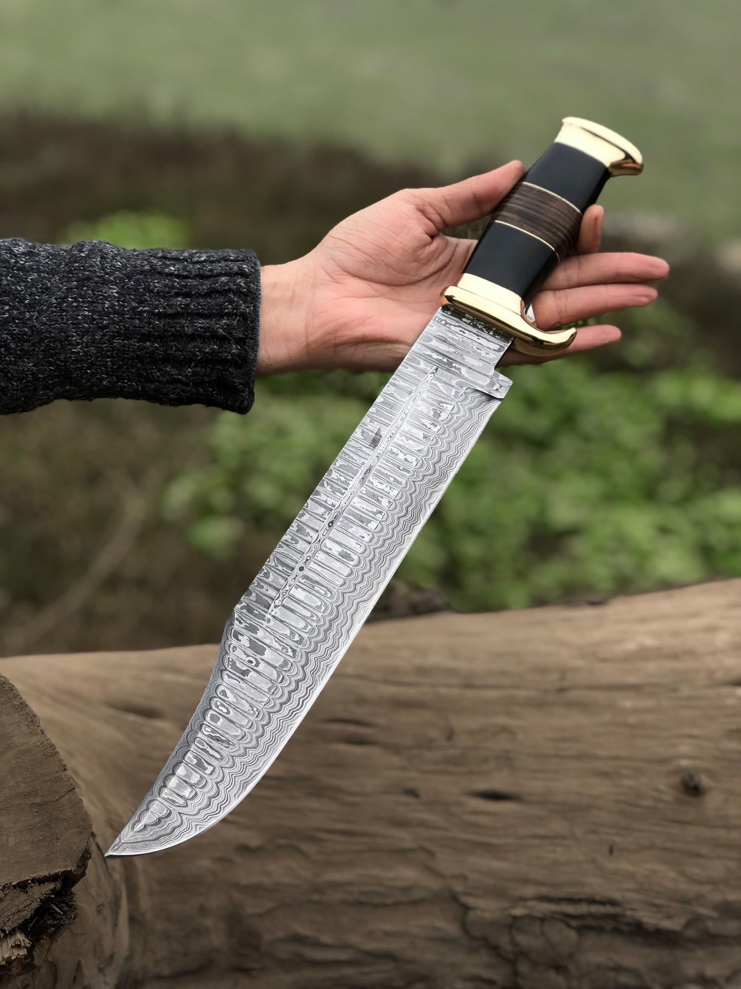Legendary Crocodile Dundee Knife – 16” Handcrafted Damascus Steel Blade with Buffalo Horn or Leather Grip & Brass Guard + Leather Sheath - Korvel