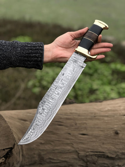 Legendary Crocodile Dundee Knife – 16” Handcrafted Damascus Steel Blade with Buffalo Horn or Leather Grip & Brass Guard + Leather Sheath - Korvel