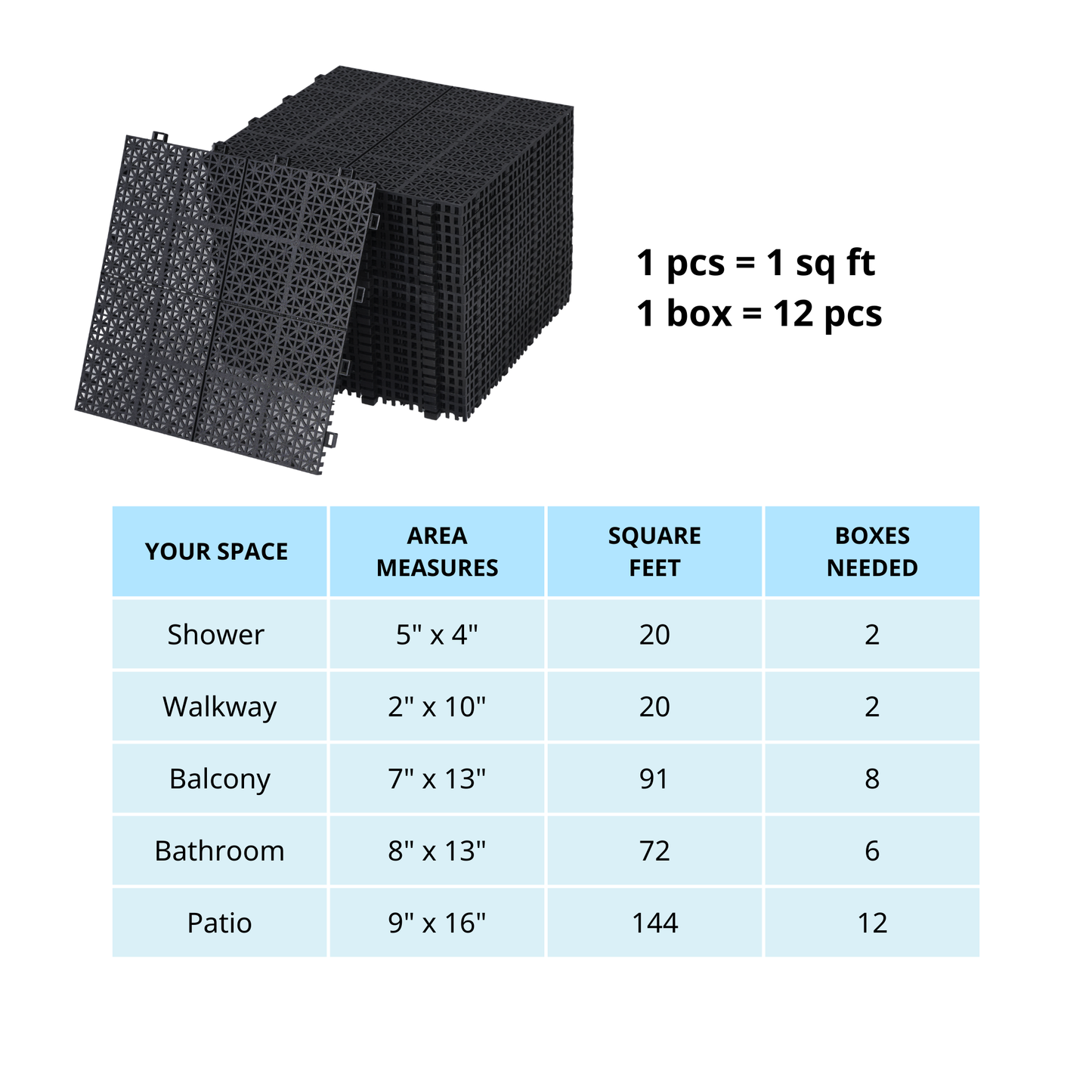 Dalles de terrasse interconnectées noires de 12 x 12 pouces - Pack de 12