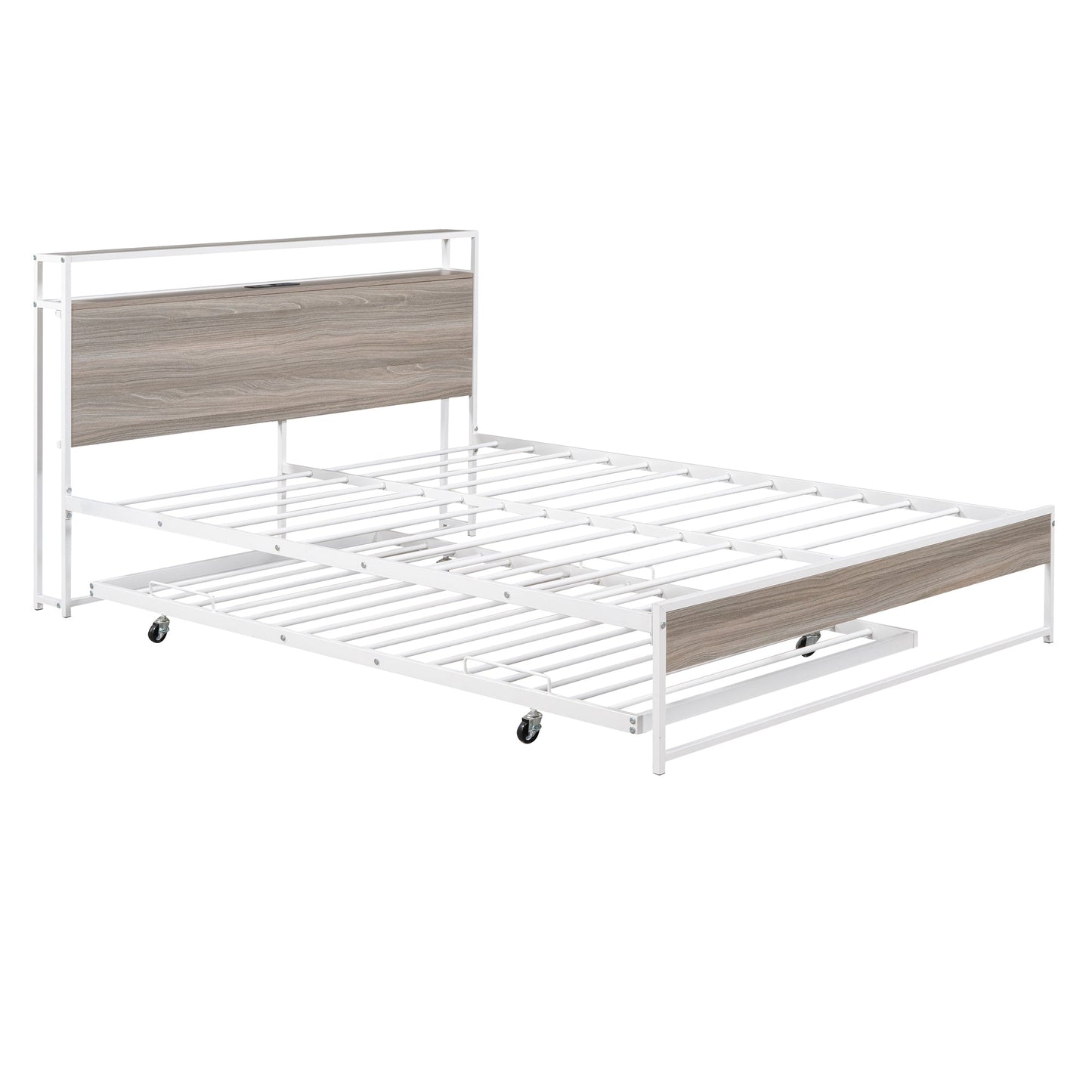 Queen Size Metal Platform Bed Frame with Trundle, USB Ports and Slat Support ,No Box Spring Needed White - Korvel