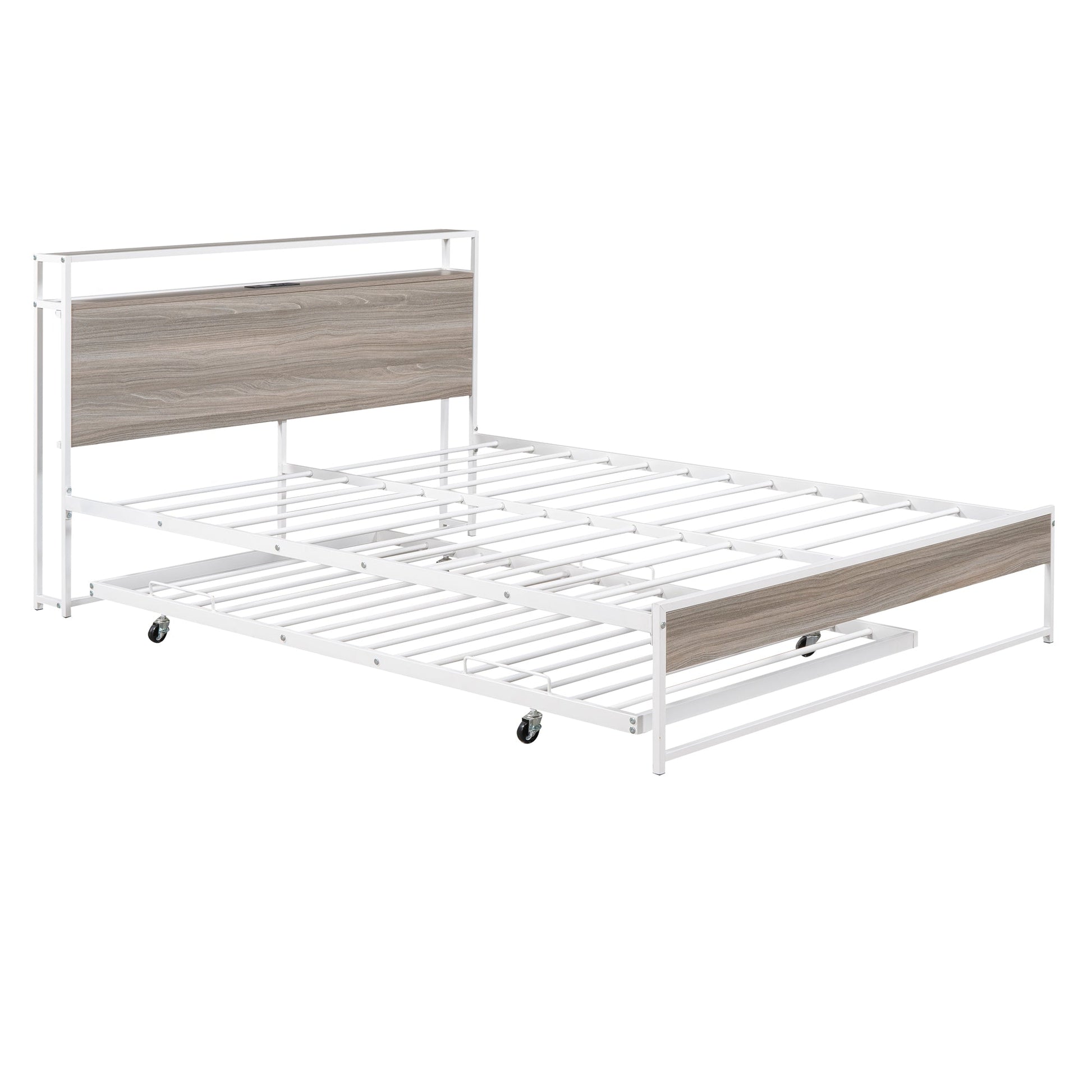 Queen Size Metal Platform Bed Frame with Trundle, USB Ports and Slat Support ,No Box Spring Needed White - Korvel