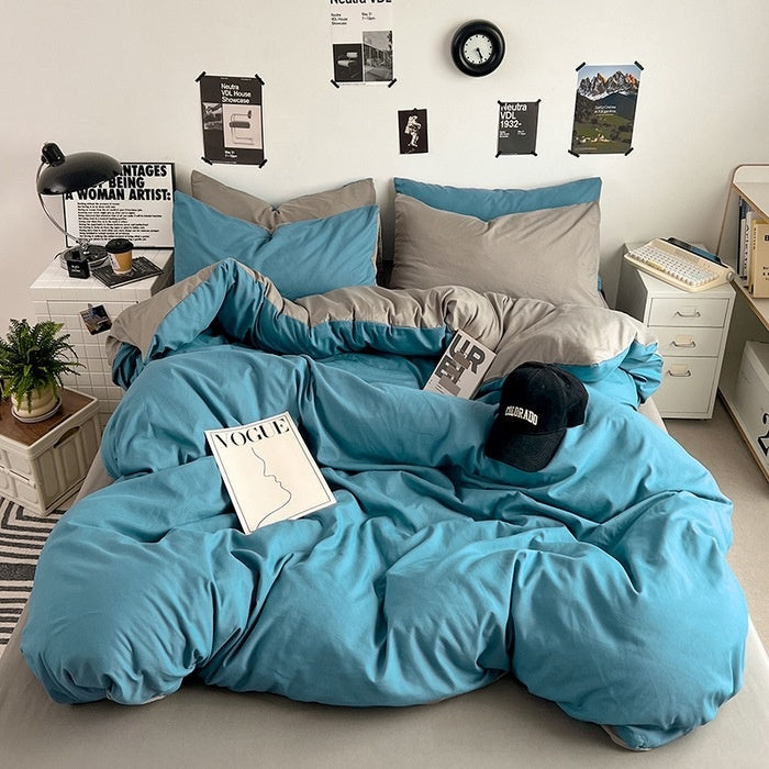 Washed Cotton Solid Color Double Spliced Four-Piece Bedding Set - Sheet, Quilt Cover, Pillowcases for Employee and Dormitory Use - Korvel