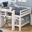 Full Size Low Loft Bed with Rolling Portable Desk, Drawers and Shelves, White - Korvel