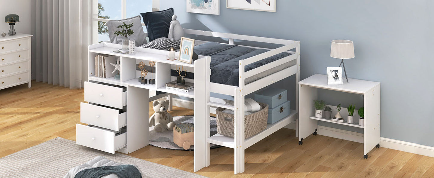 Full Size Low Loft Bed with Rolling Portable Desk, Drawers and Shelves, White - Korvel