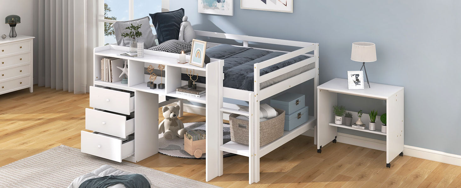Full Size Low Loft Bed with Rolling Portable Desk, Drawers and Shelves, White - Korvel