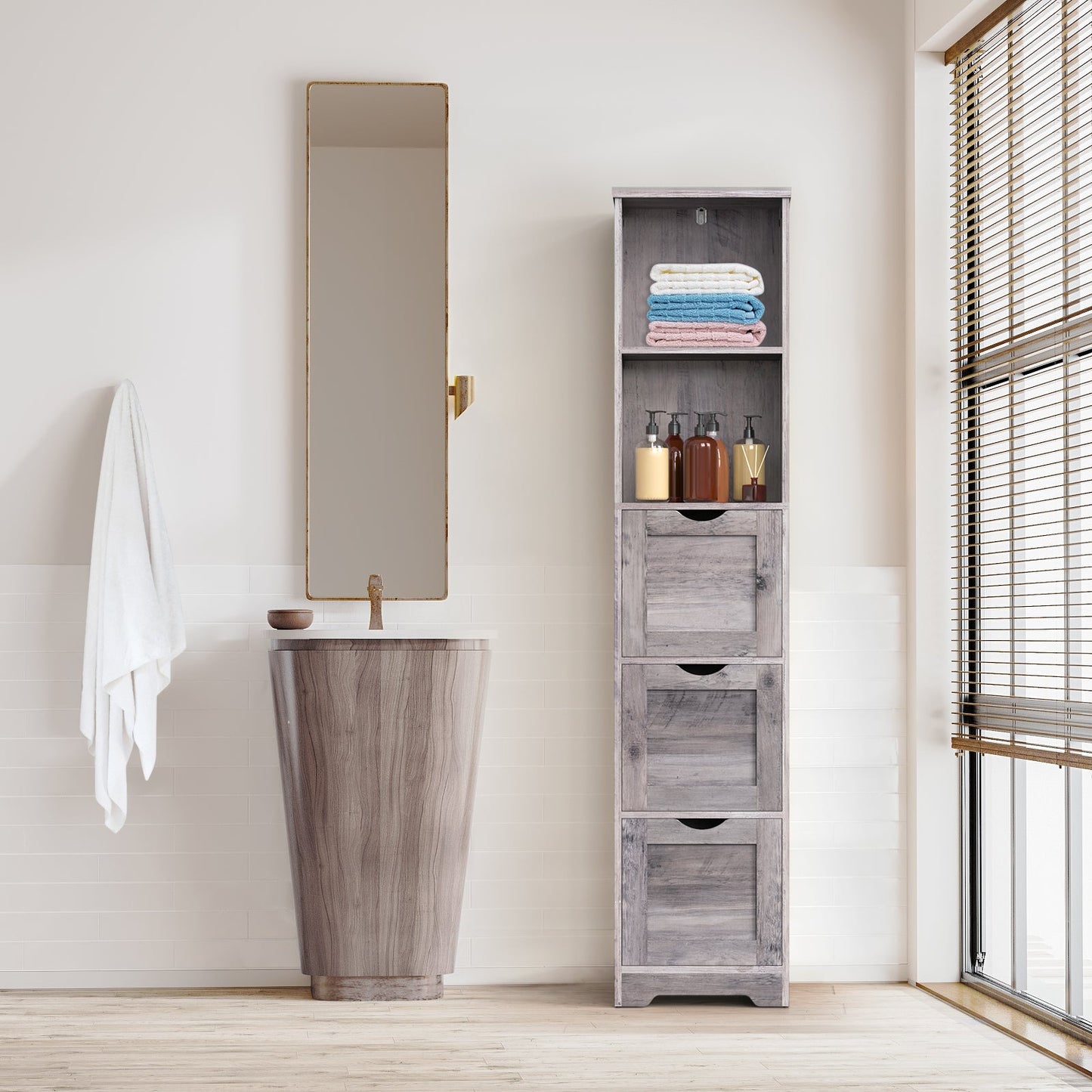 Armoire de salle de bain grise élégante avec 3 tiroirs et 2 étagères